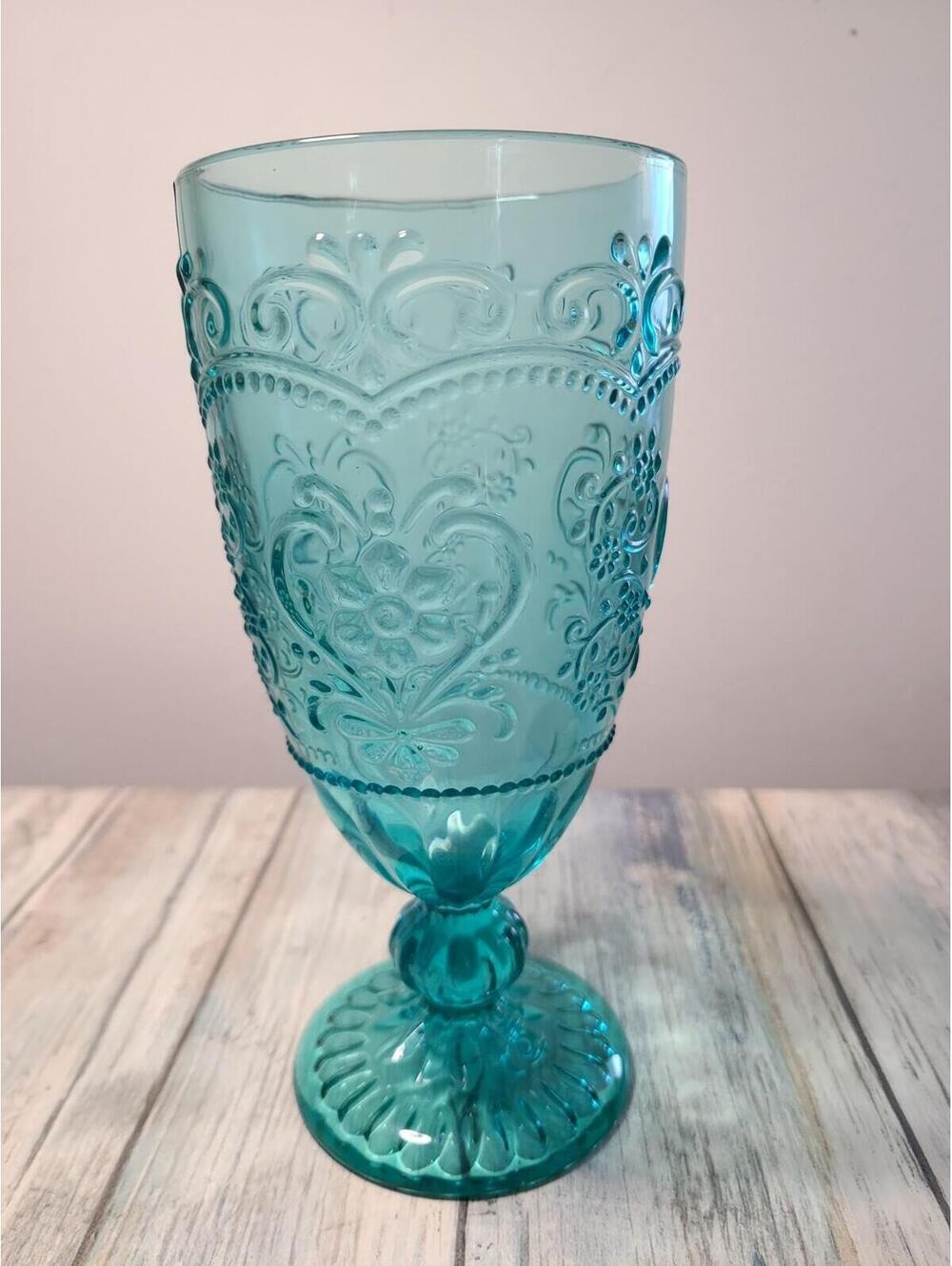 Pioneer Woman Adeline Teal Glass Water Goblet Stemmed Embossed 7" Tall